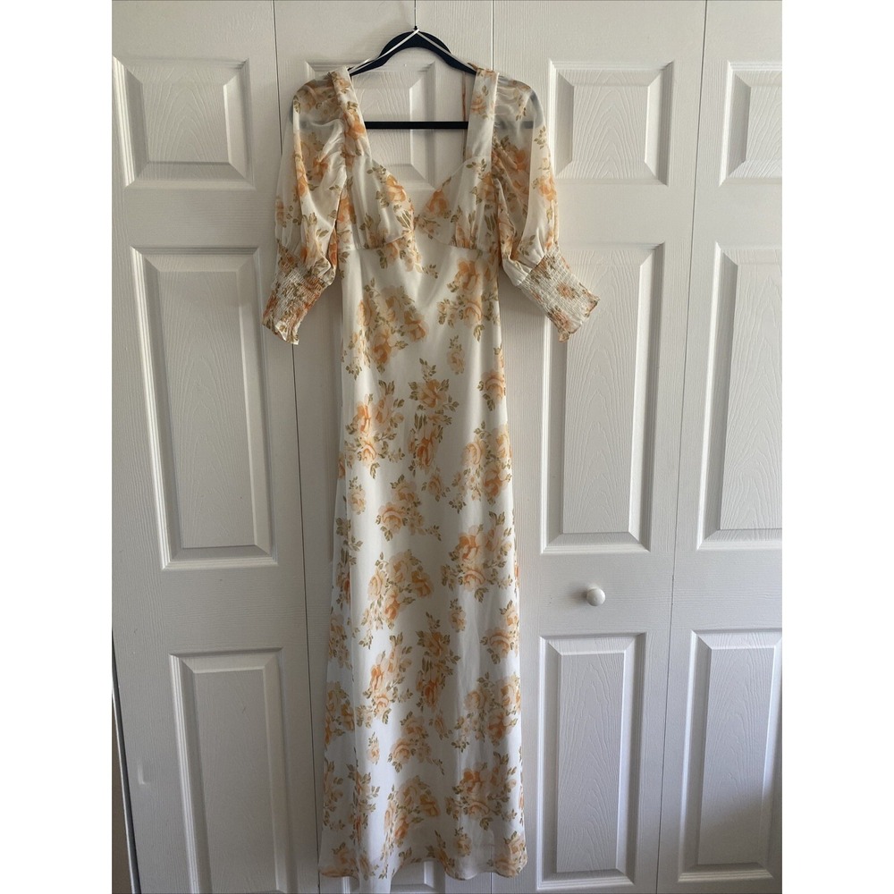 Luxxel Floral Open Back Maxi Dress Size Large Orange Cream Puff Sleeve Chiffon